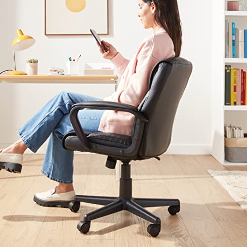 Amazon Basics Office Computer Task Desk Chair with Padded Armrests, Mid-Back, Adjustable, 360 Swivel, Rolling, 275 Pound Capacity, 24.2"D x 24"W x 34.8"H, Black Faux Leather
