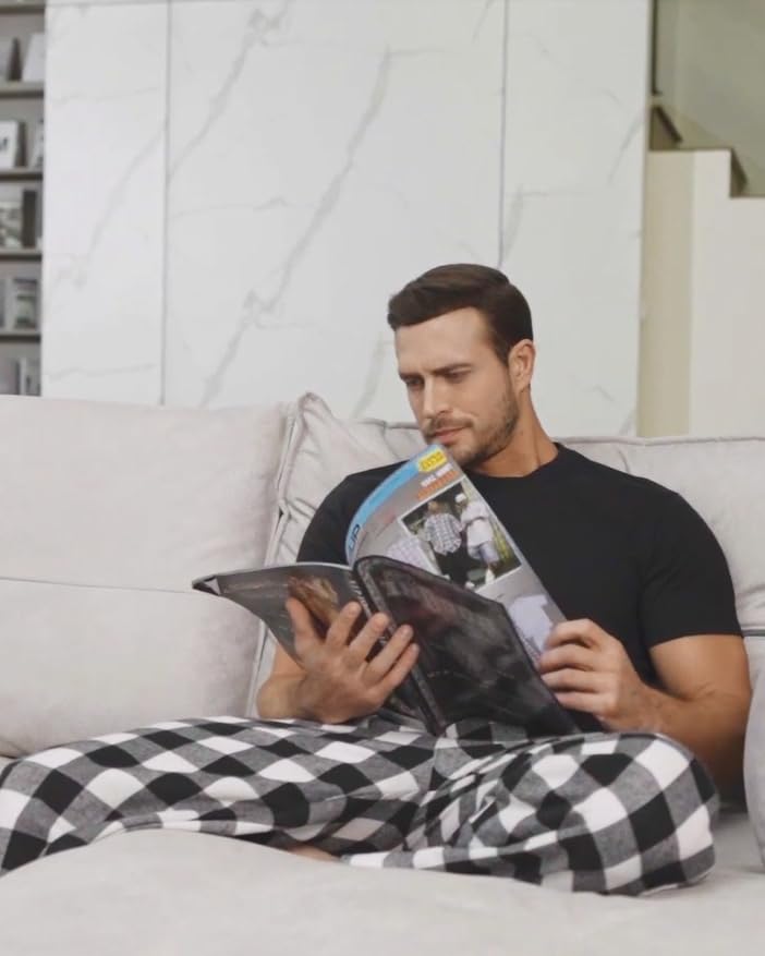 Alimens & Gentle Mens Heavyweight Flannel Plaid Pajama Pants 100% Cotton Sleep Lounge Pant White Black Medium