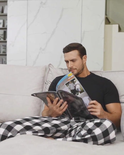 Alimens & Gentle Mens Heavyweight Flannel Plaid Pajama Pants 100% Cotton Sleep Lounge Pant White Black Medium