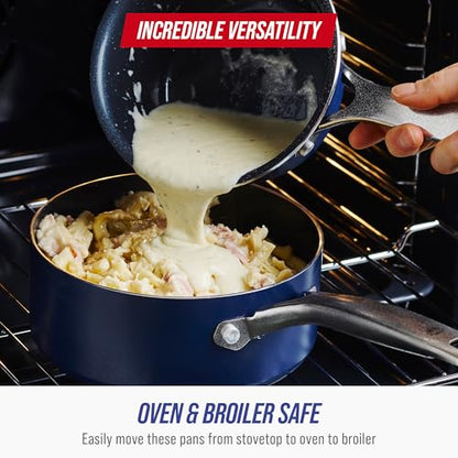 Blue Diamond Nonstick 2QT Saucepan with Lid, Non Toxic PFAS-Free Diamond Ceramic, Dishwasher & Oven Safe, Metal Utensil Safe Pot, Stay Cool Handle, Chef Pan, Glass Lid, Blue