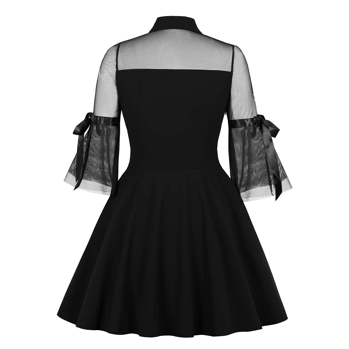 Women Peter Pan Collar Bell Sleeve Vintage 1950s Cocktail Swing Dress Keyhole Mesh Sheer Gothic Mini Dress Panel Vintage Flared A-line Prom Dress Wedding Evening Party Goth Dress Black-Bell Sleeve L