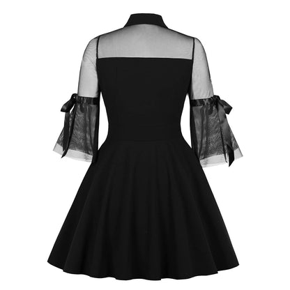 Women Peter Pan Collar Bell Sleeve Vintage 1950s Cocktail Swing Dress Keyhole Mesh Sheer Gothic Mini Dress Panel Vintage Flared A-line Prom Dress Wedding Evening Party Goth Dress Black-Bell Sleeve S