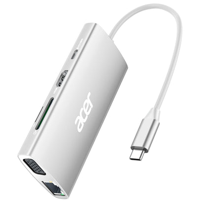 Acer USB C Hub with 4k@30Hz HDMI, 9-in-1 USB C to Ethernet Adapter, 5Gbps USB-A 3.1 Docking Station, PD 100W Charging, SD Card Reader, USB to VGA Splitter for MacBook, Acer, Laptops, Surface (Silver)