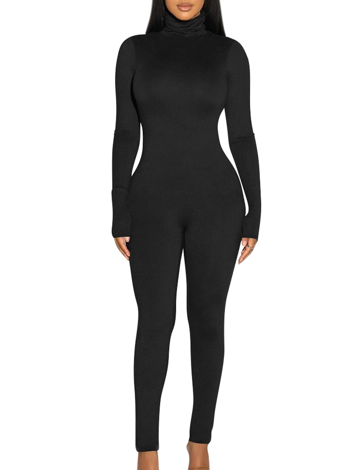 BORIFLORS Long Sleeve Jumpsuit for Women Sexy Turtleneck One Piece Bodycon Rompers Clubwear, Medium, Black