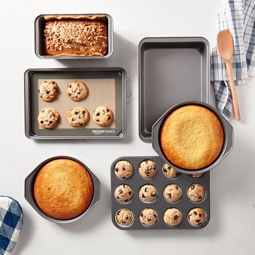 Amazon Basics 6 Piece Nonstick, Carbon Steel Oven Safe Bakeware Set with Cake, Muffin, Cookie, and Loaf Pans, 6 Piece, 16.25 x 11.75 x 6.25 inches