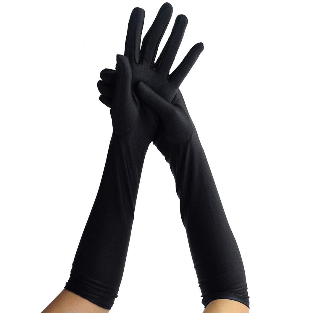 Wobe Long Satin Gloves - Stretchy Adult Size Elbow Length Opera Gloves for Women Girls - Black