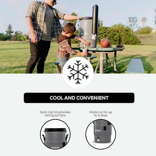 Igloo 5 Gallon Portable Sports Cooler Water Beverage Dispenser with Flat Seat Lid, Insulated Beverage Dispenser, Grey/Black