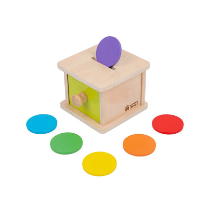 Adena Montessori Coin Box,Object Permanence Box Toys for 1 Year Old Baby Coins,Wooden Montessori Ball Drop Toys Developmental Toys for 6-12 Month Infant Toys,Learning Kids Gifts(Yellow-Green Door)