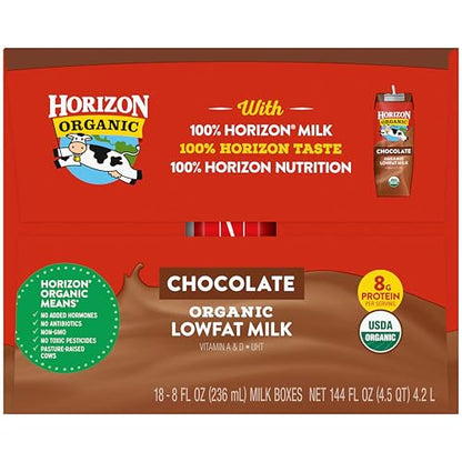 Horizon Organic Shelf Stable 1% Lowfat Chocolate Milk Boxes, USDA Certified Organic UHT Milk from Pasture-Raised Cows, No Refrigeration Required, 8 fl oz, 18 Count