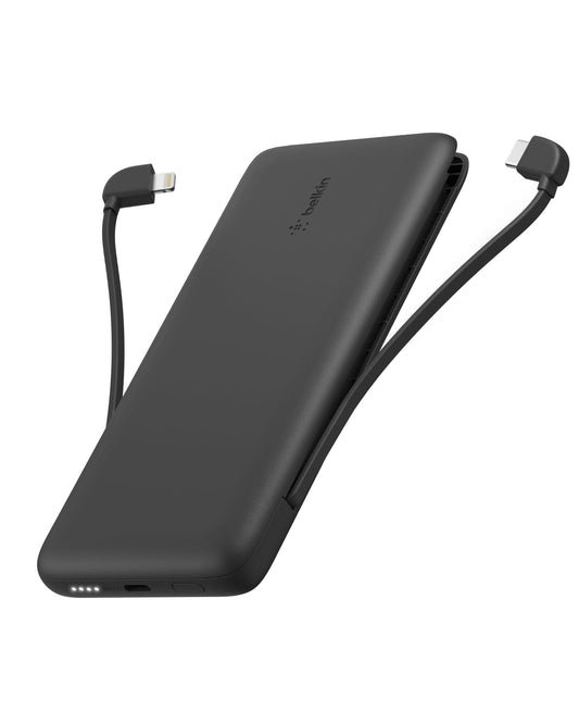 Belkin Portable Charger, Power Bank 10000 mAh, 23W w/Integrated Lightning Cable & USB-C Cable - iPhone Charger Battery Pack for Apple iPhone 16, 15, 14, Galaxy S25, Pixel 9, Travel Essentials - Black
