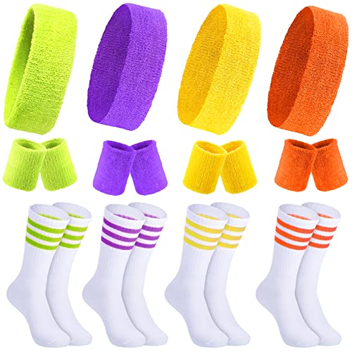Hillban Sweatbands Striped Socks Set Sports Cotton Headband Wristband 80s 90s Workout Athletic Accessory for Halloween Cosplay(Bright Color, 4 Set)