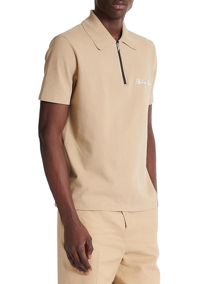 Balmain, Logo-Embroidered Cotton Quarter-Zip Polo Shirt, Small, Camel Blanc