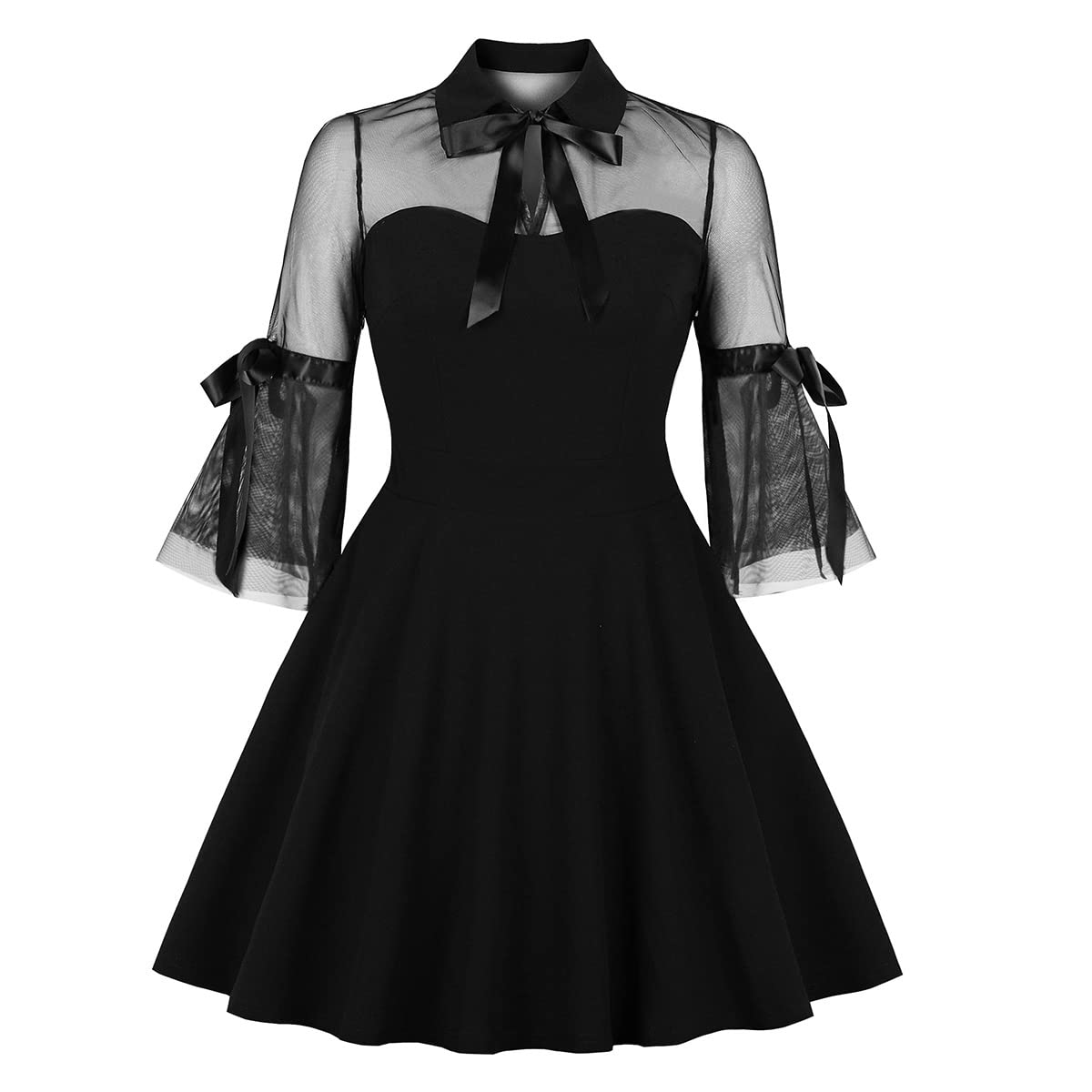 Women Peter Pan Collar Bell Sleeve Vintage 1950s Cocktail Swing Dress Keyhole Mesh Sheer Gothic Mini Dress Panel Vintage Flared A-line Prom Dress Wedding Evening Party Goth Dress Black-Bell Sleeve S