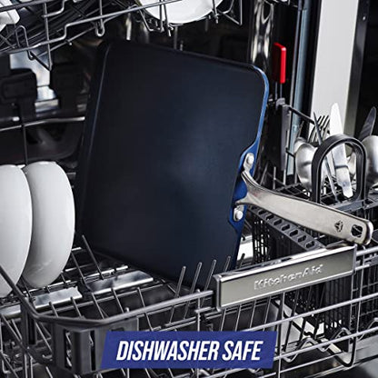 Blue Diamond 11" Nonstick Square Griddle Pan, Non Toxic PFAS-Free Diamond Ceramic, Dishwasher & Oven Safe, Even Heating, Metal Utensil Safe, Warp Control, Blue