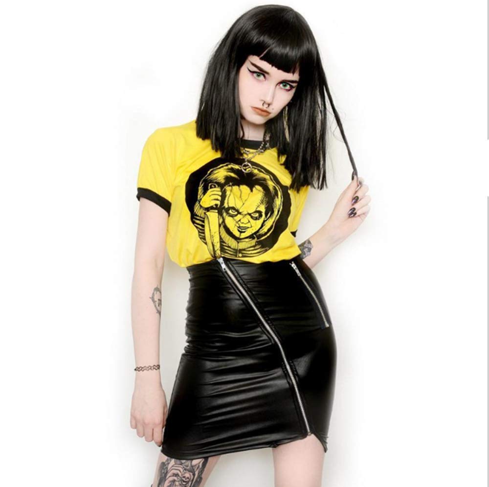 Womens Crop Tops Summer Casual Short Sleeve Goth Halloween Graphic Cropped T Shirts (Yellow Chunky Doll 008,S)