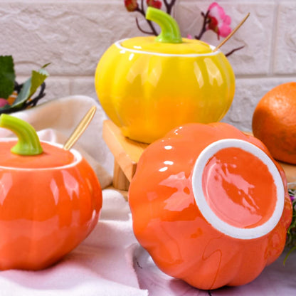 Whitenesser Porcelain Sugar Bowls with Lid and Spoons, Pumpkin Shape Ceramic Salt Bowl for Home and Kitchen Elegant Design Orange 10.5 OZ (300 ML)