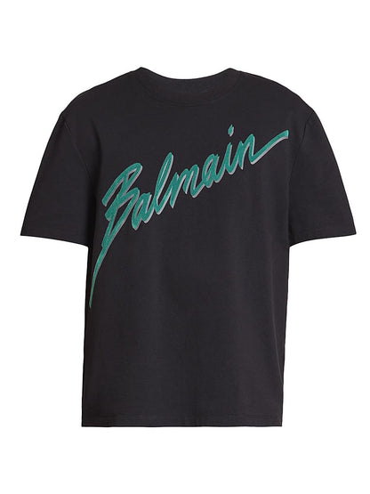 Balmain, Flocked Logo Cotton T-Shirt, Small, Noir Emeraude