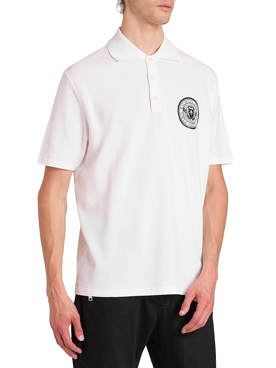 Balmain, Small Coin Cotton Polo Shirt, Medium, Blanc Noir