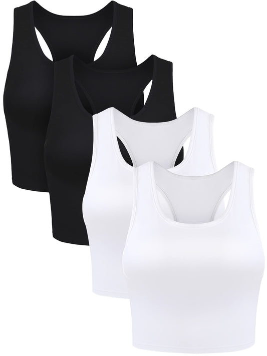 Boao 4 Pieces Basic Crop Tank Tops Sleeveless Racerback Crop Top for Women (Black, White, Medium)