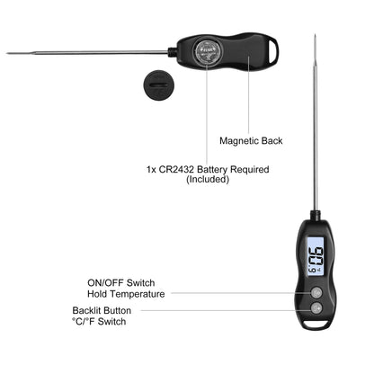 BRAPILOT Digital Meat Thermometer Backlight,Waterproof Instant Read Food Thermometer for Cooking Grilling BBQ Baking Liquids Beef Turkey (Black)