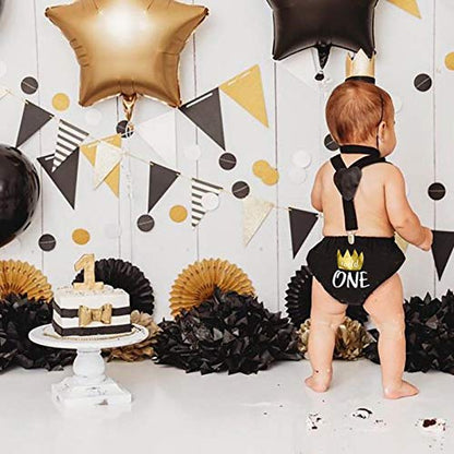 IMEKIS Baby Boys First 1st Birthday Cake Smash Outfit Wild ONE Bloomers Diaper Cover + Suspenders + Bowtie + Headband for Photo Props Party Costume Black Crown Wild One 6-12 Months