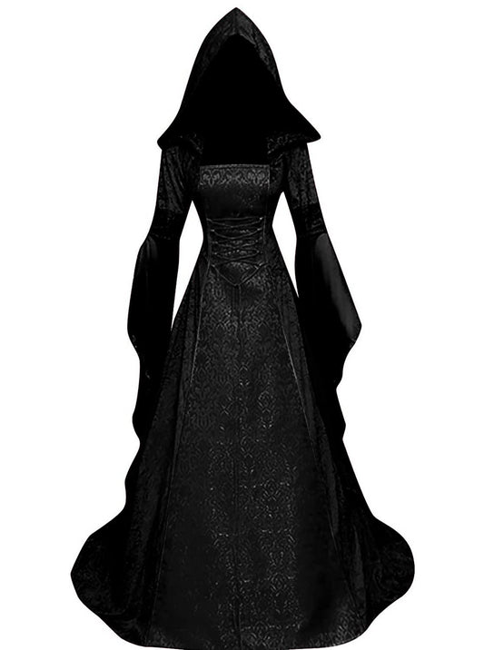 BITSEACOCO Deluxe Witch Dress Costume for Women, Vintage Embroidered Renaissance Victorian Gothic Hooded Vampire Gown Dress Cosplay (Black, L)