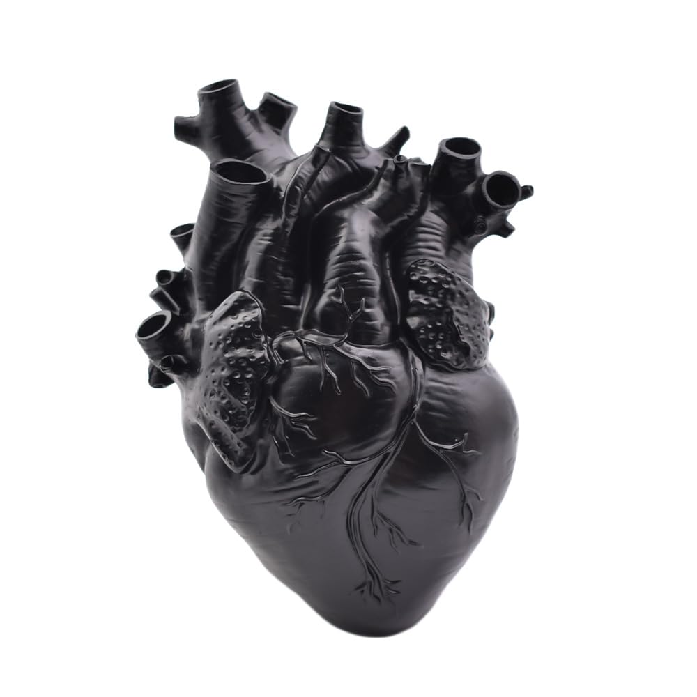 Human Heart Organ Shape Vase Creepy Halloween Home Desk Flowers Pot Decor, Medium Size 6.2" x 4.2", Black