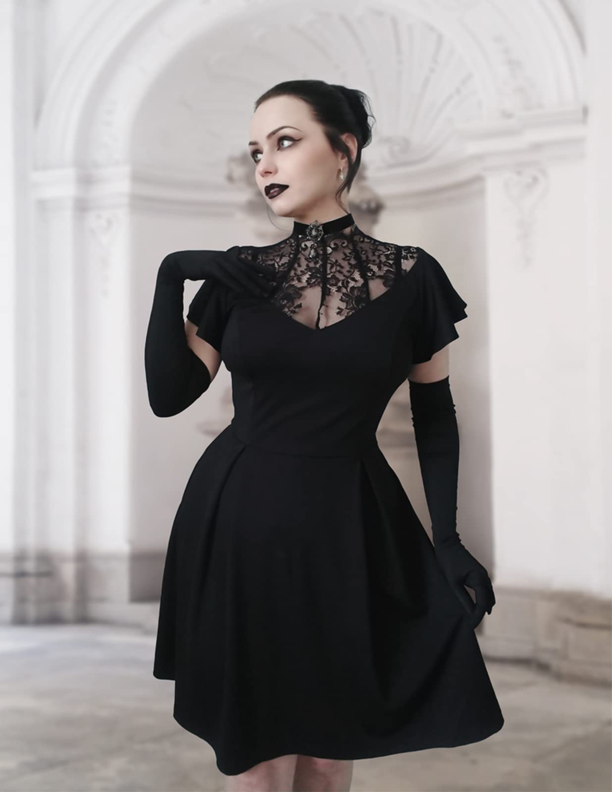 Womens Gothic Dress Lace Neck Flutter Sleeve Swing A-line Midi Dresses Black XL