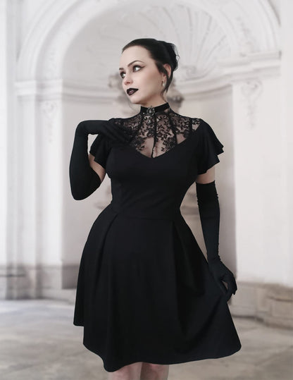 Womens Gothic Dress Lace Neck Flutter Sleeve Swing A-line Midi Dresses Black XL
