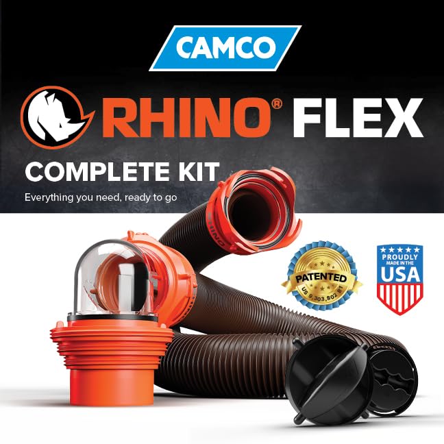 Camco RhinoFLEX 15-Ft Camper/RV Sewer Hose Kit - Features Clear Elbow Fitting w/Removable 4-in-1 Adapter - Connects to 3” Slip or 3”/3.5”/4” NPT Threaded Sewer Connection (39761)