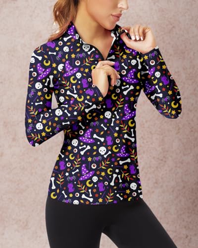 Women's Long Sleeve Golf Shirts Sun Protection Workout Pullover 3/4 Zip Teenis Sweatshirt Athletic Running Top Halloween (Purple Skull,M)