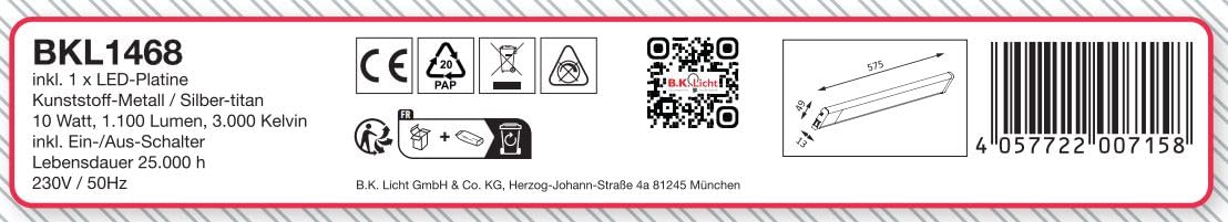 B.K.Licht - LED Strip with On/Off Switch, Warm White Light Colour, Includes Plug Cable, Under-Unit Light, Kitchen, LED Light Strip, Kitchen, Cabinet Lighting, Kitchen Lamp, 57.5 x 4.9 x 1.3 cm, Titanium-Coloured