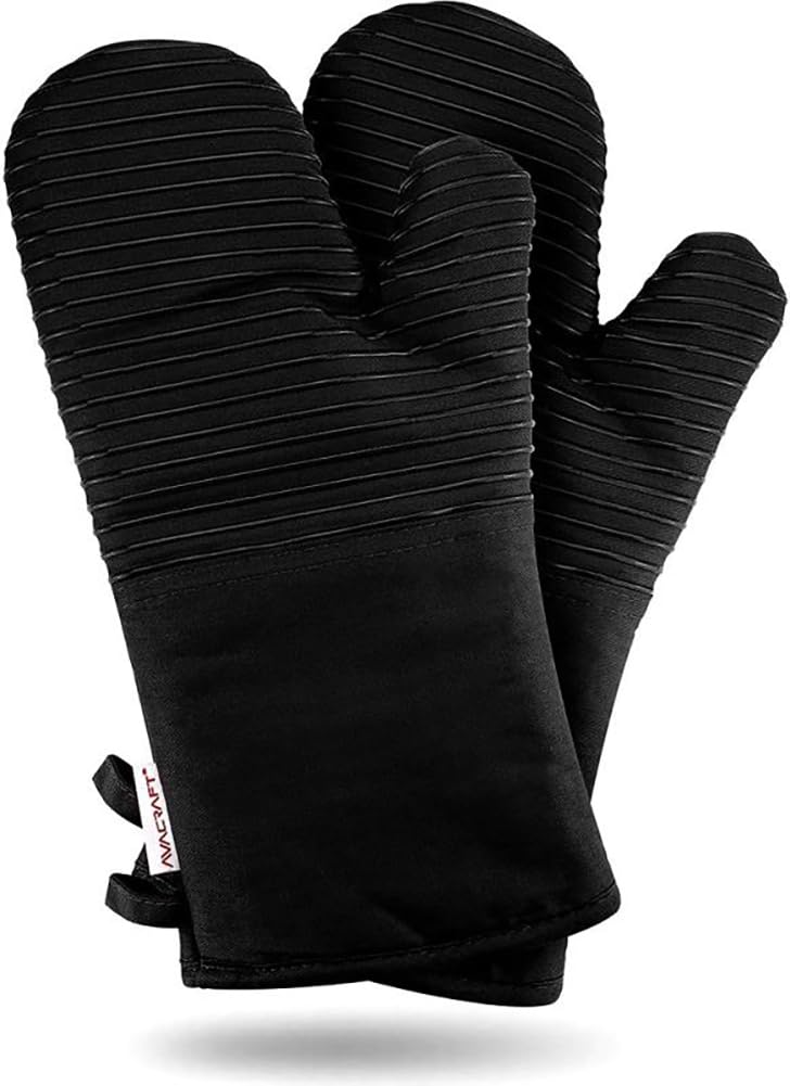 AVACRAFT Oven Mitts Pair, Black - Flexible, 100% Cotton with Unique Heat Resistant Food Grade Silicone, Thick Terry Cloth Interior, 500 F Heat Resistant