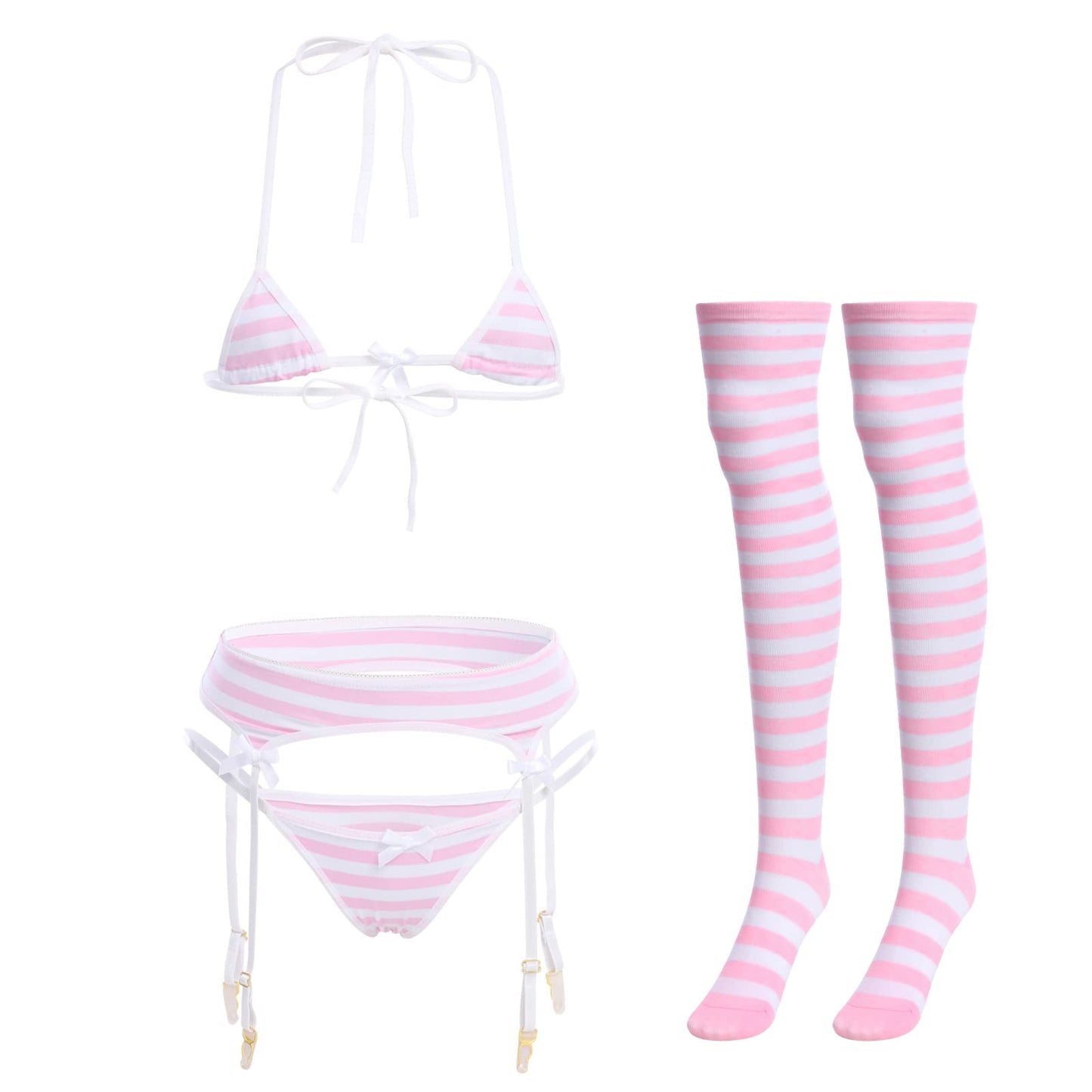Women Cute Kawaii Lingerie set Halter Strap Micro Bra Tiny Panty Garter Belt Striped Stockings 4Pcs Underwear Swimwear Bathing Suit Pink + White Stripe One Size