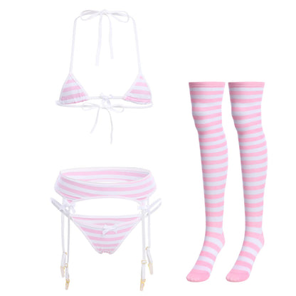 Women Cute Kawaii Lingerie set Halter Strap Micro Bra Tiny Panty Garter Belt Striped Stockings 4Pcs Underwear Swimwear Bathing Suit Pink + White Stripe One Size