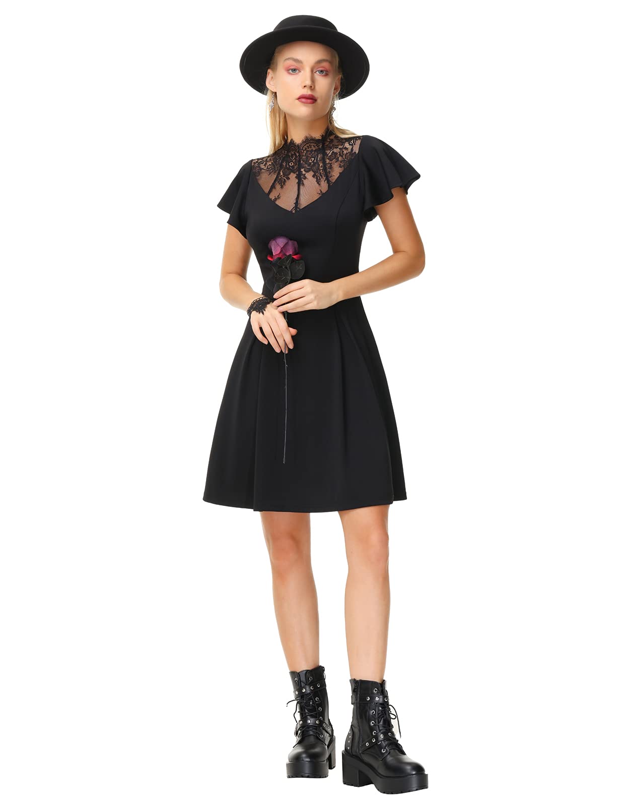 Womens Gothic Dress Lace Neck Flutter Sleeve Swing A-line Midi Dresses Black XL