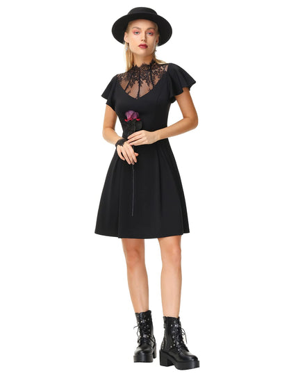 Womens Gothic Dress Lace Neck Flutter Sleeve Swing A-line Midi Dresses Black XL