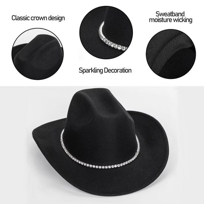 Women Sparkly-Rhinestone Western-Cowgirl-Hat Glitter-Bling Cowboy-Hat Felt-Rodeo-Hat for Disco-Party Medium/Large