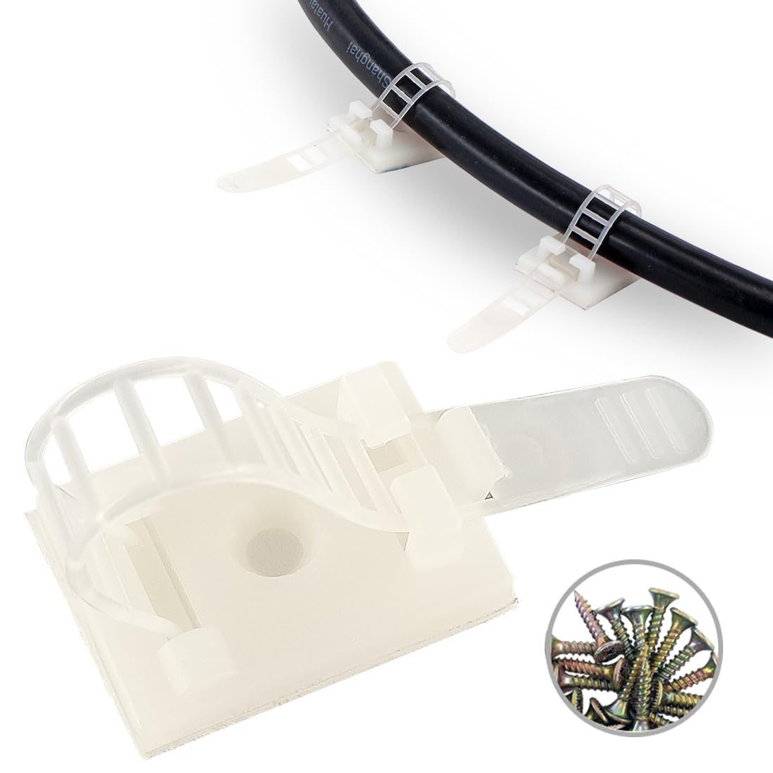 HS Wire Management Clips Clear with Screw Hole (50 Pack) Adjustable Cable Straps 3 Inch with 3M Adhesive Tape,Cable Fasteners for Christmas Lights,Desk,Wall to Hold Extension Cord