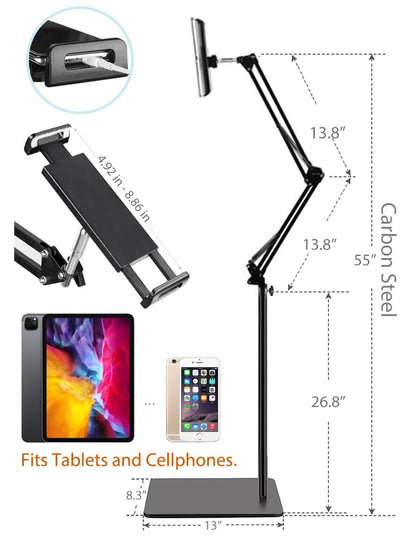 BluuSuuk Tablet Floor Stand with Double Weight Base, Overhead Bed Phone Mount Height Adjustable Arm Stretchable Stand Holder, Compatible with iPad Mini Air Pro, Galaxy Tab, Kindle, Switch, Cell Phones