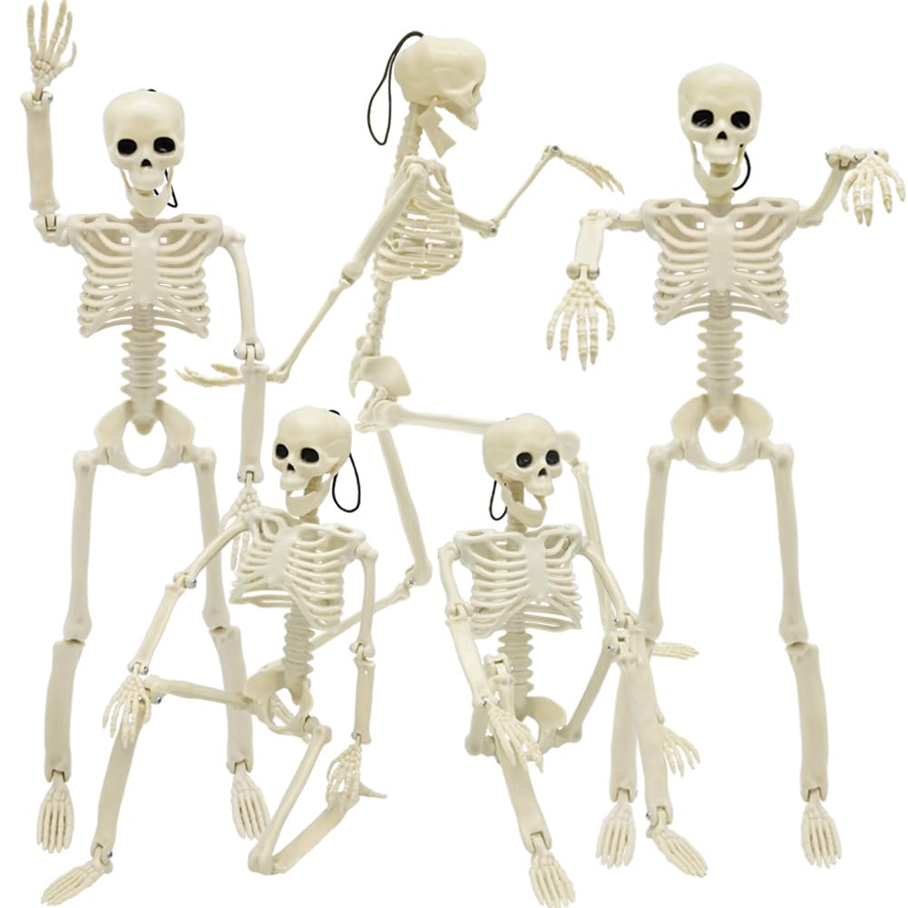 WODMAZ 5 Packs Halloween Skeletons, 16" Halloween Full Body Skeleton with Posable Joints for Haunted House Graveyard Props Decor