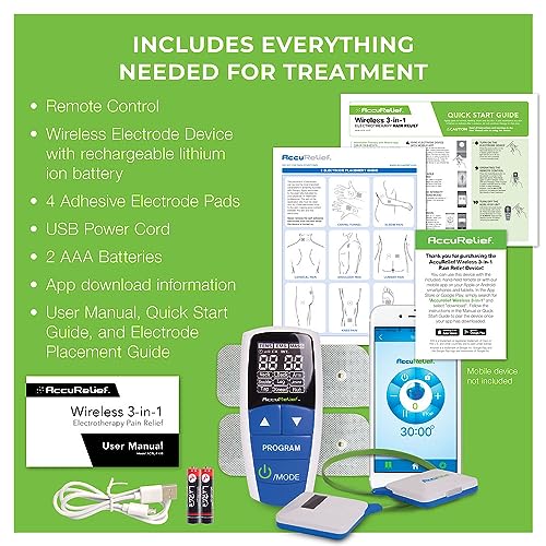AccuRelief Wireless Tens Unit and EMS Muscle Stimulator - Includes Pulse Massager - Pain Relief Device with Remote and Mobile App, TENS Machine, TENS Device
