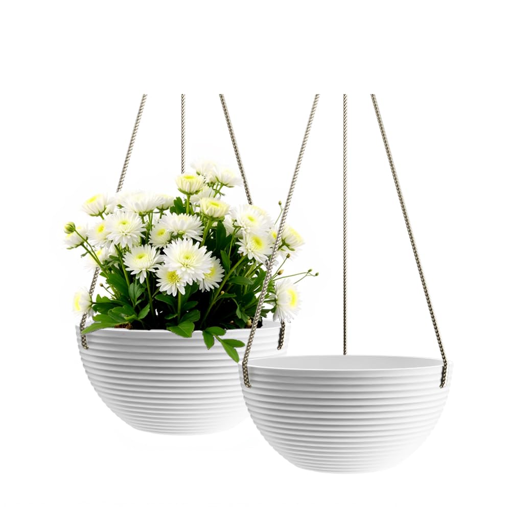 Asnext Line Pattern 10 Inch Hanging Planter for Indoor Outdoor Plants, 2 Pack Round Hanging Pots for Plants (White)