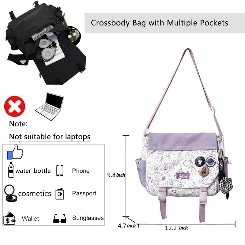 Inshere Cute Crossbody Bag with Kawaii Pins for Women Girls Casual Shoulder Messenger Bag