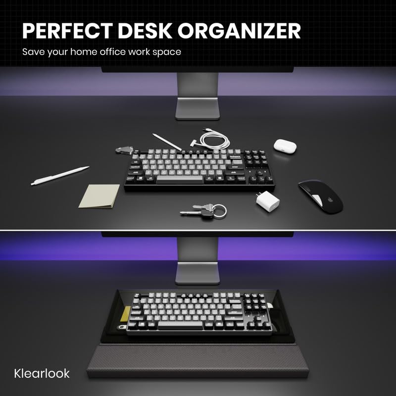 3 in 1 Keyboard Stand w/Wrist Rest and Storage Tray - Klearlook [Ultra Comfortable] PU Leather Wrist Pad & Acrylic Keyboard Riser, 16.9x7.3 inch Tilt Adjustable Computer Keyboard Stand Holder-Black