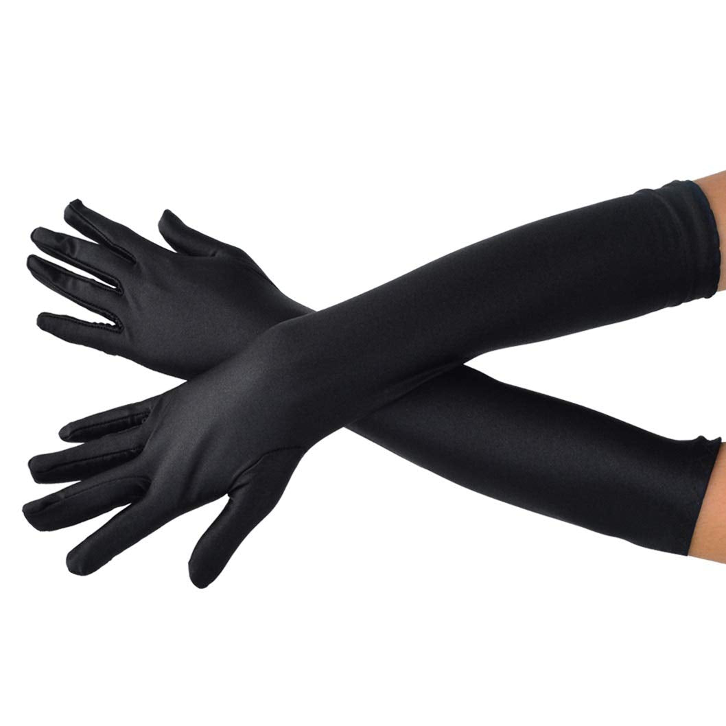 Wobe Long Satin Gloves - Stretchy Adult Size Elbow Length Opera Gloves for Women Girls - Black
