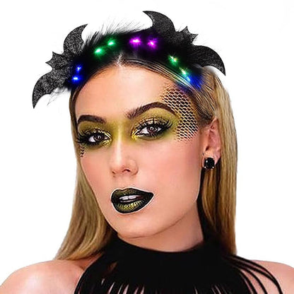 CAKURE Light Up Halloween Headband Led Black Feather Headpiece Glowing Bats Hairbands Nightclub Festivel Party Headwear Rave Hair Accessories