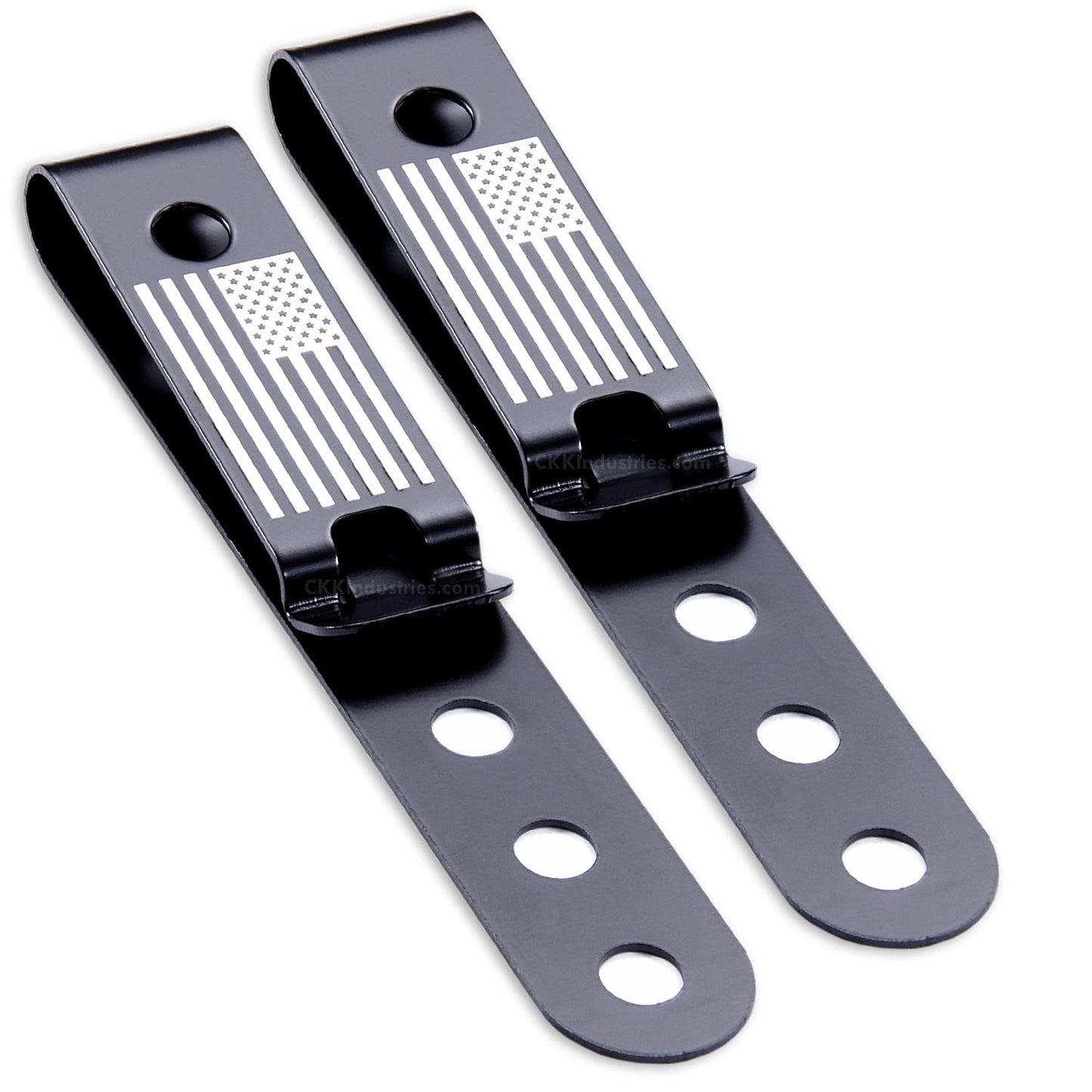 HolsterSmith Universal Metal Belt Clip for Holster Making - (Model 5) - (3-Hole) - (Tactical Black) - (w/USA Flag Engraving) - (2 Pack)