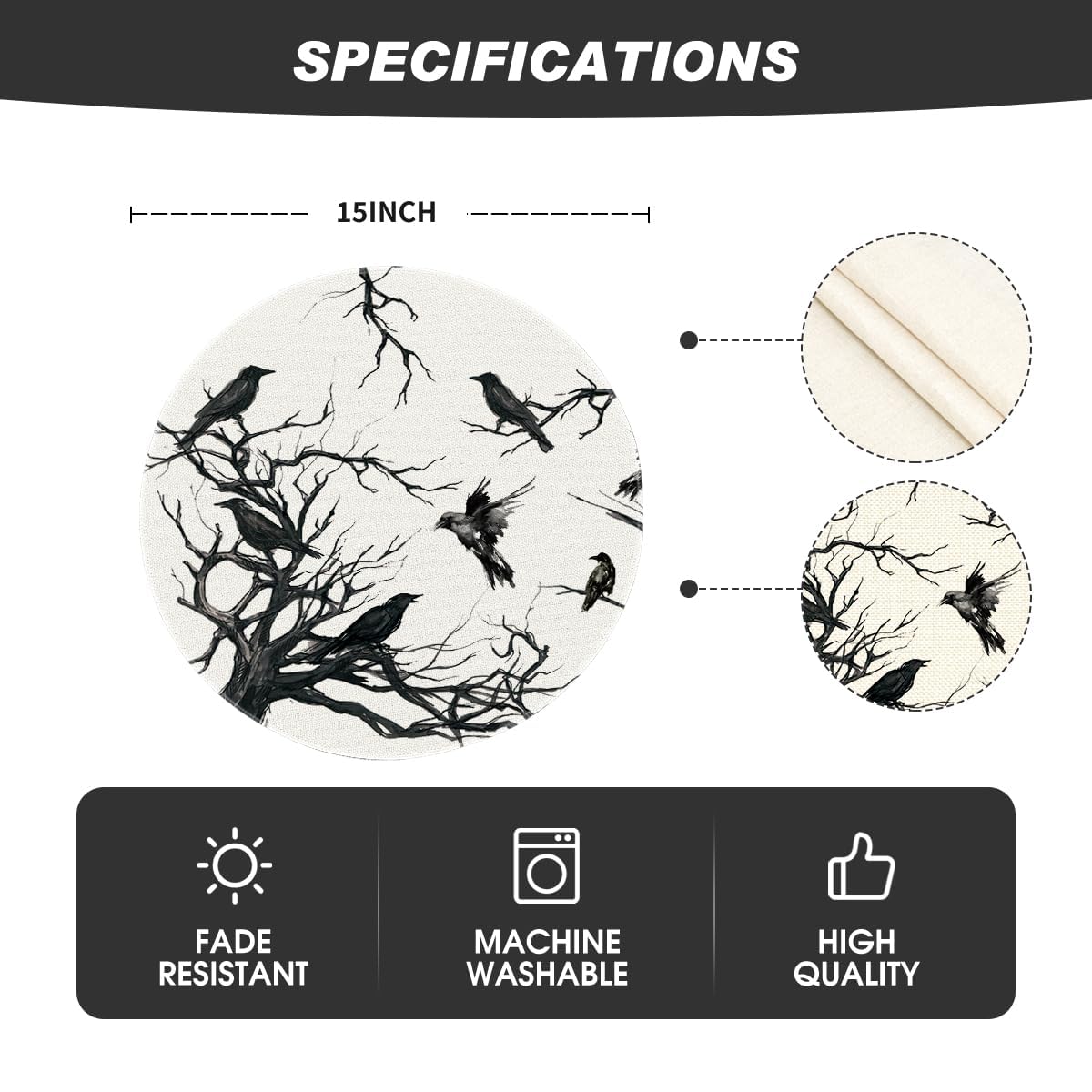 Artoid Mode Silhouette Tree Crows Halloween Round Placemats Set of 4, 14 Inch Fall Round Table Mats for Dining Decoration