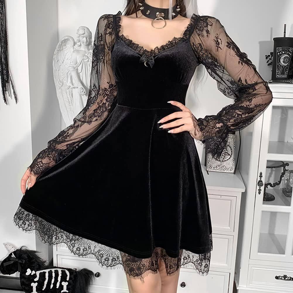 IKADEX Gothic Lolita Dress for Women Black Lace Dress Velvet Mini Dresses Goth Clothes for Teen Girls #A: Black M